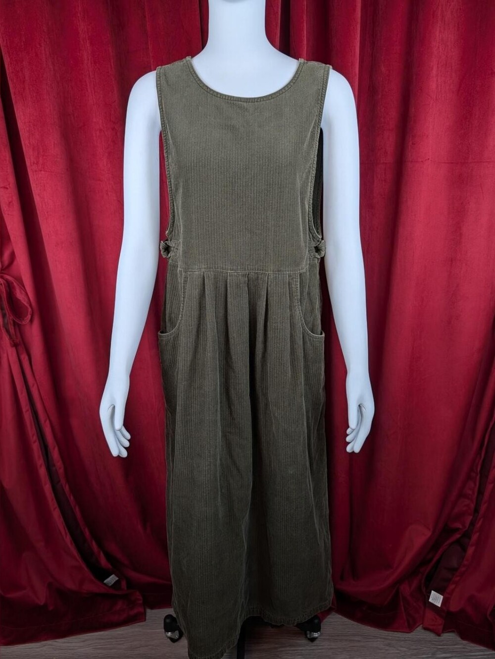 Vintage 90's Erika Olive Green 100% Cotton Corduroy Pinafore Midi Dress